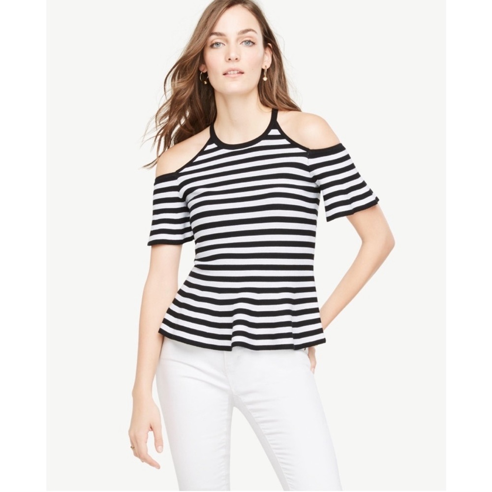 Ann Taylor Women’s Striped Cold Shoulder Peplum Top Small - Picture 1 of 12
